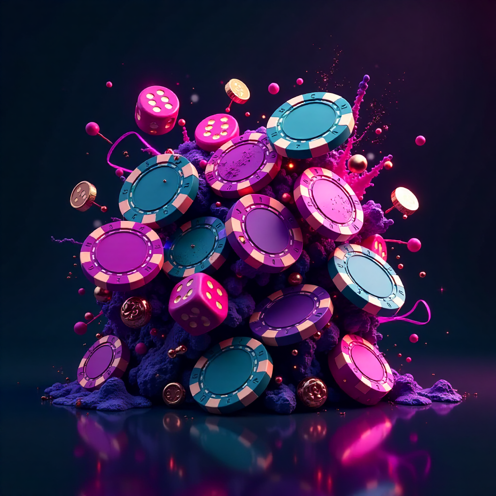 Dynamic 3D explosion of purple and teal casino chips, Solana coins, and dice mixed with subtle liquid metal ribbons in German flag colors (black, red, gold), dark charcoal reflective background, neon energy trails, futuristic high-tech gambling art, high 